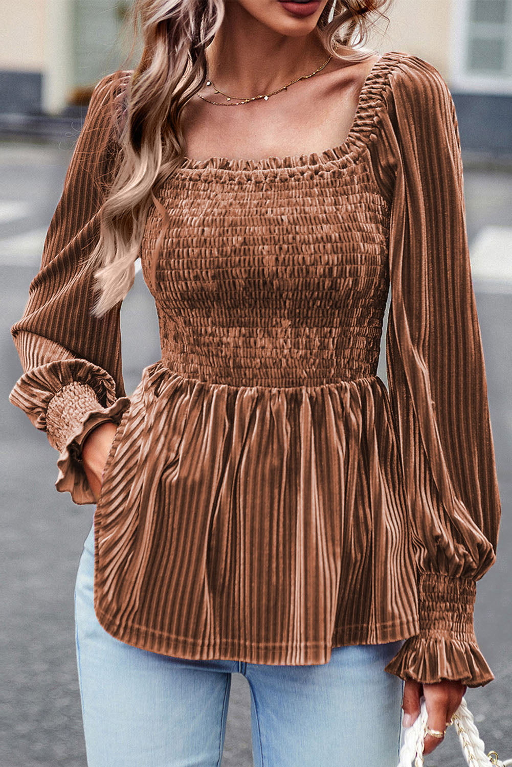 Chestnut Half Zip V Neck Ribbed Velvet Top
