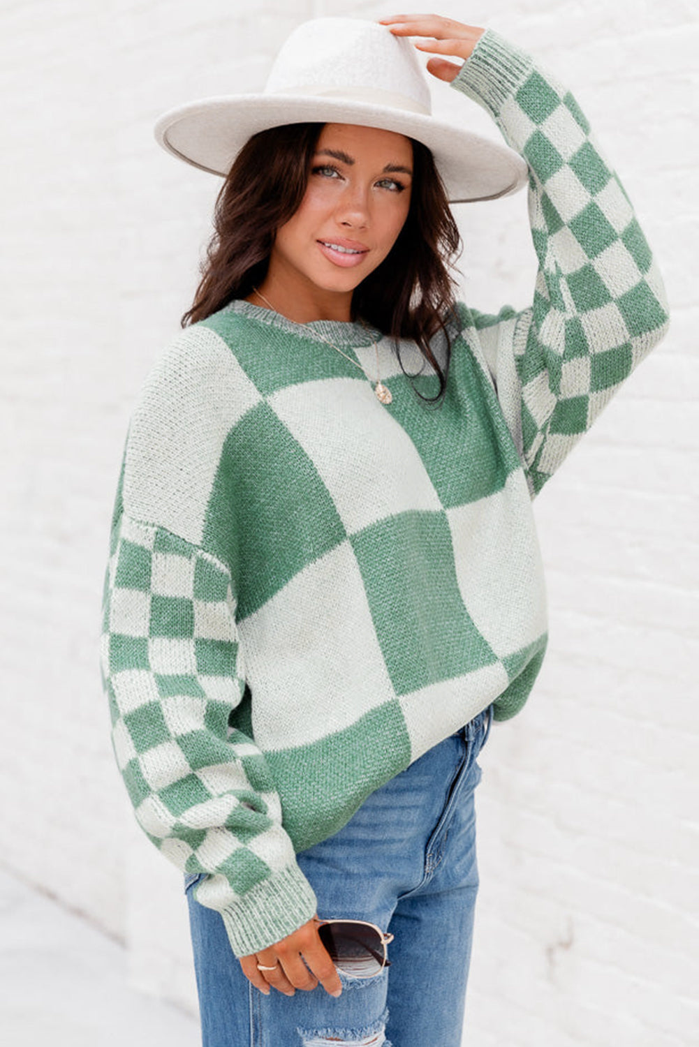 Medium Grey Checkered Print Drop Shoulder Sweater