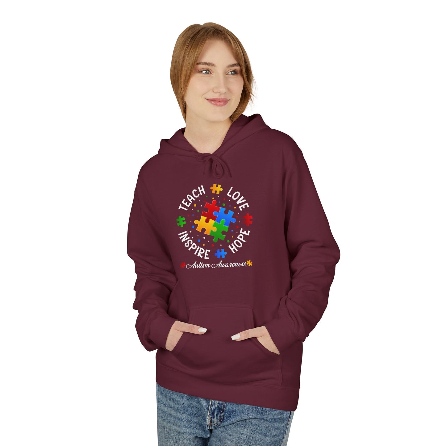 Teach Love Hope Inspire Autism Awareness Midweight Softstyle Fleece Hoodie