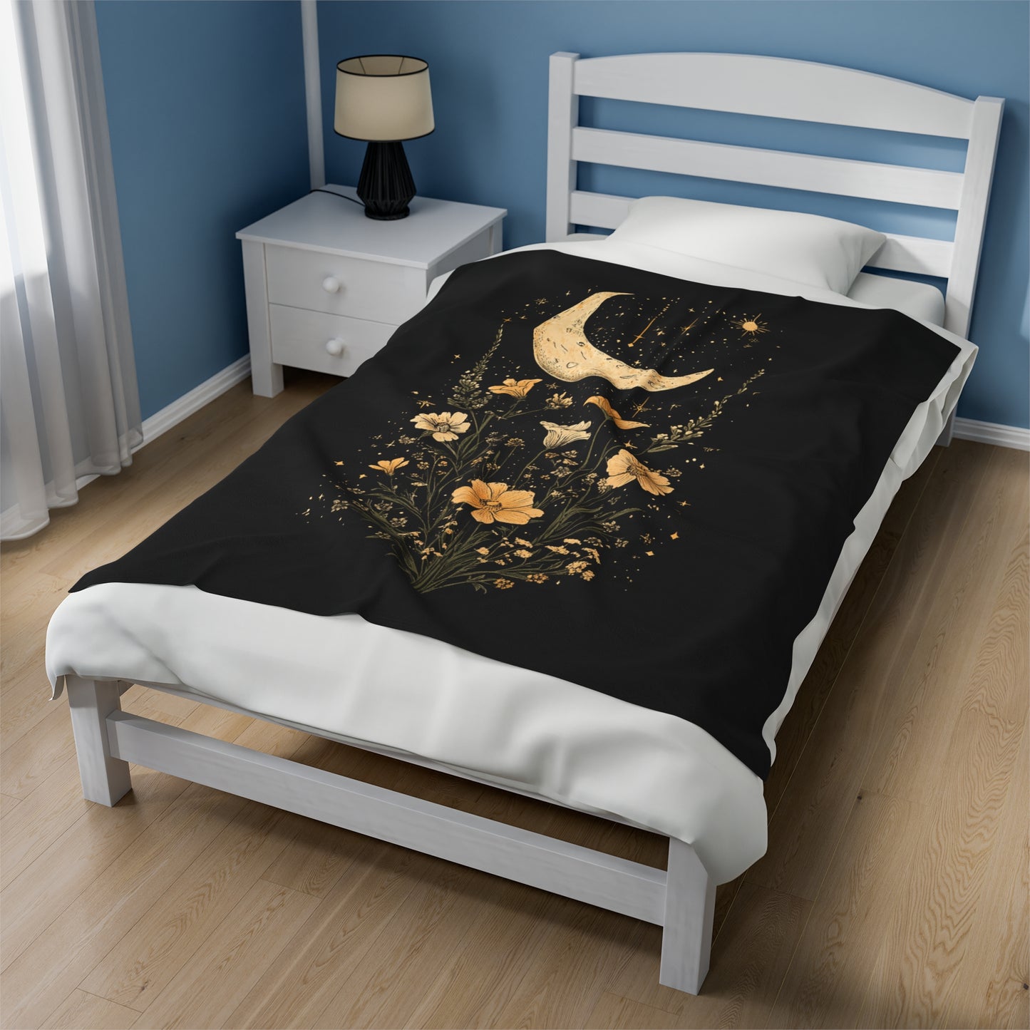 Celestial Moon and Flowers Velveteen Plush Blanket
