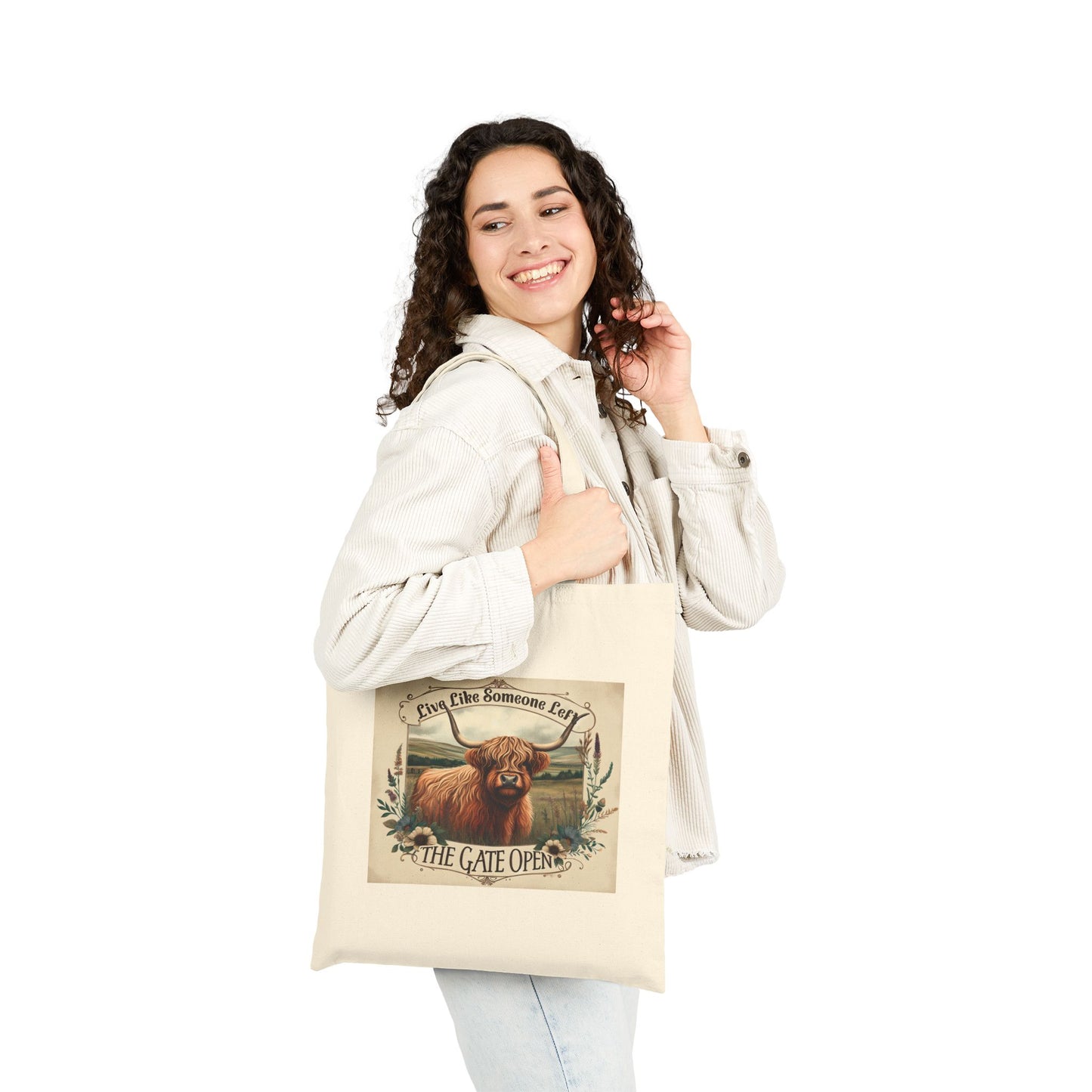 Highland Cow Gate Open Cotton Canvas Tote Bag