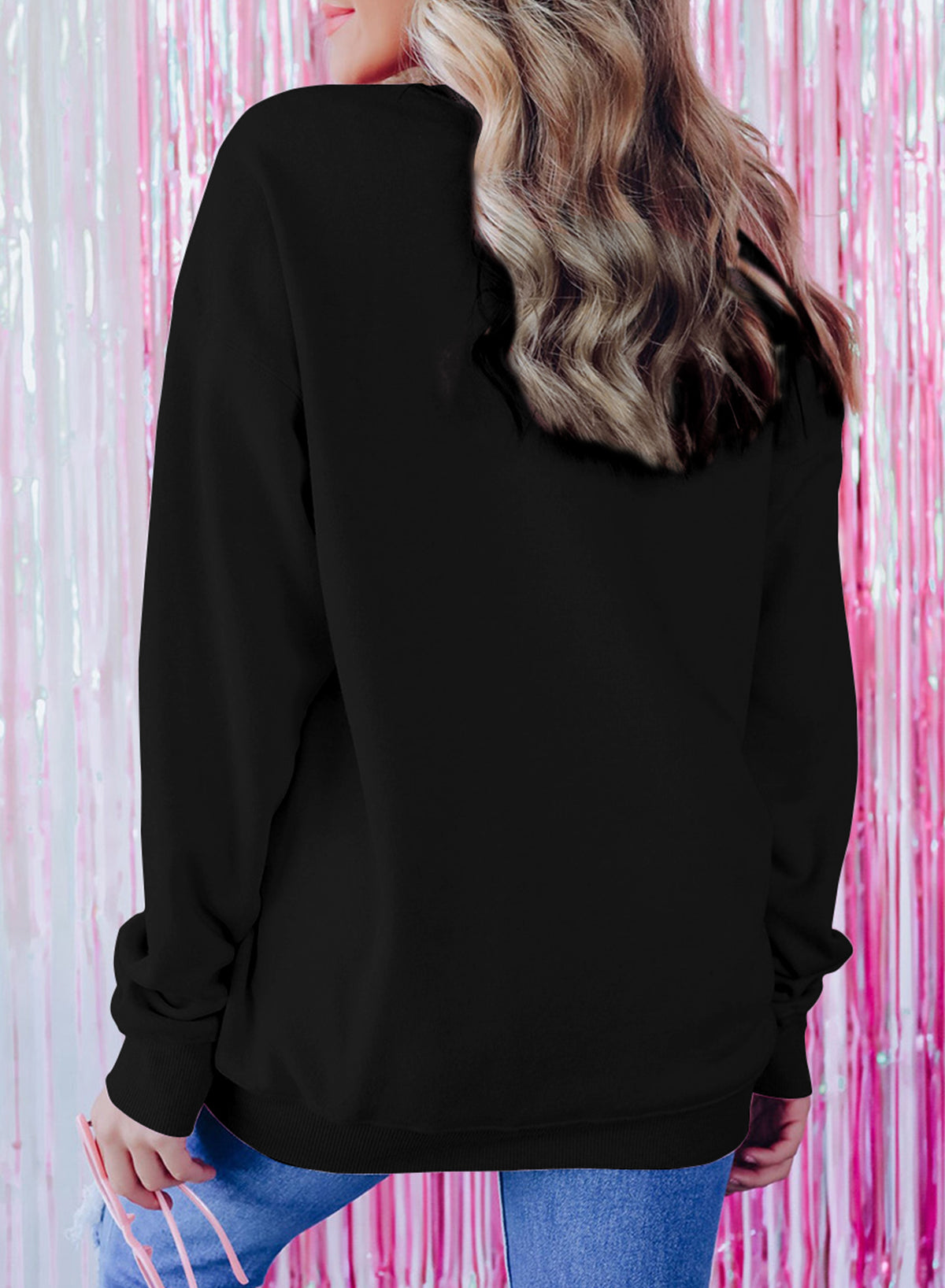 Black XOXO Glitter Print Round Neck Casual Sweater