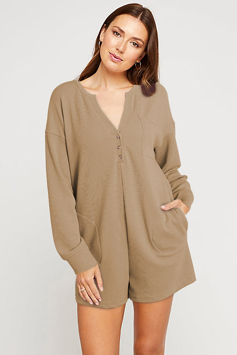 Black Brushed Ribbed Button Split V Neck Long Sleeve Romper