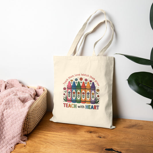 Teach With Heart Cotton Canvas Tote Bag