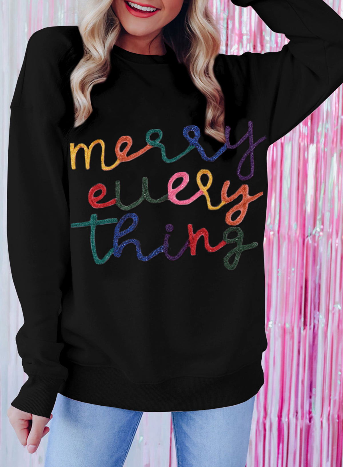 Black XOXO Glitter Print Round Neck Casual Sweater