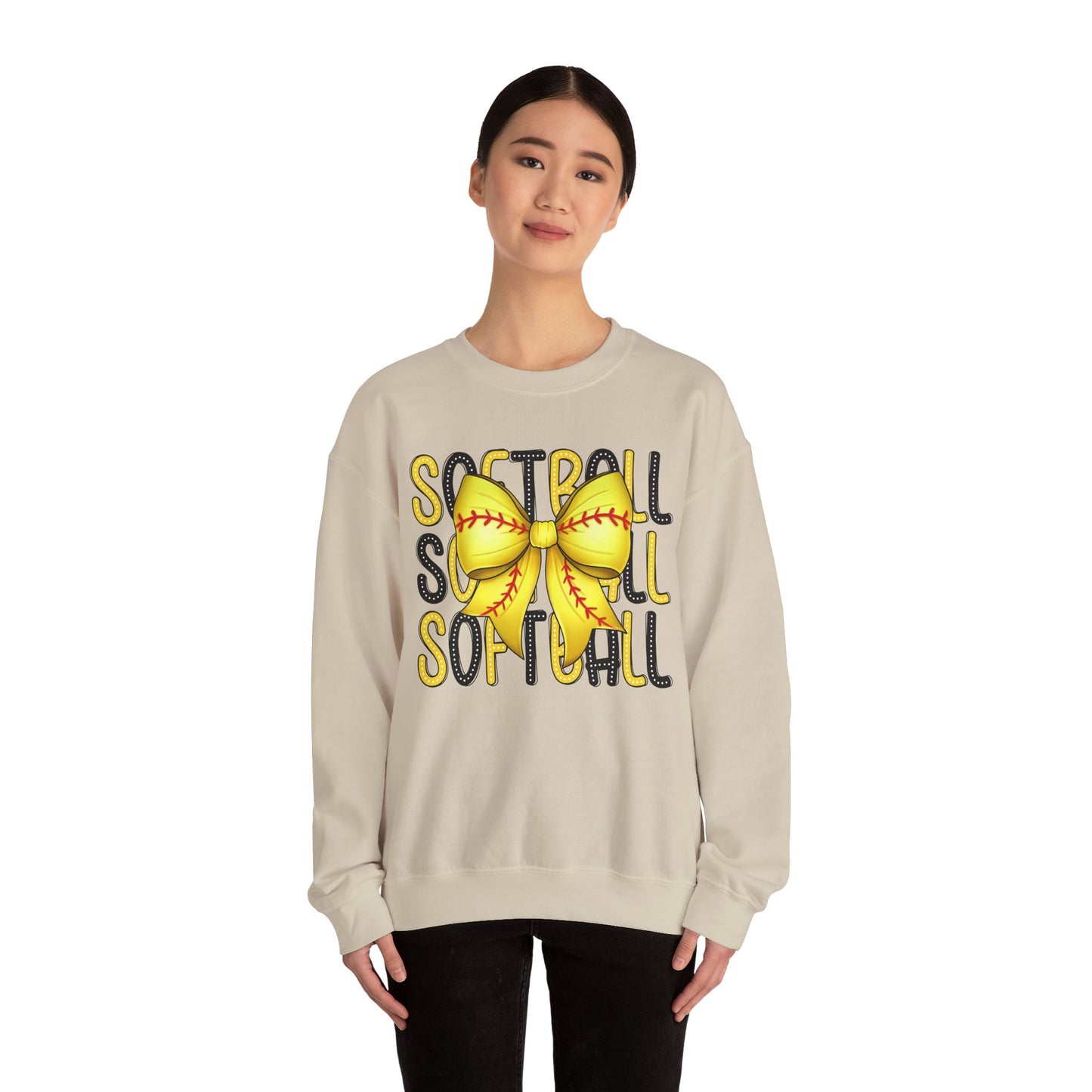 Stacked Softball Bow Heavy Blend™ Crewneck Sweatshirt