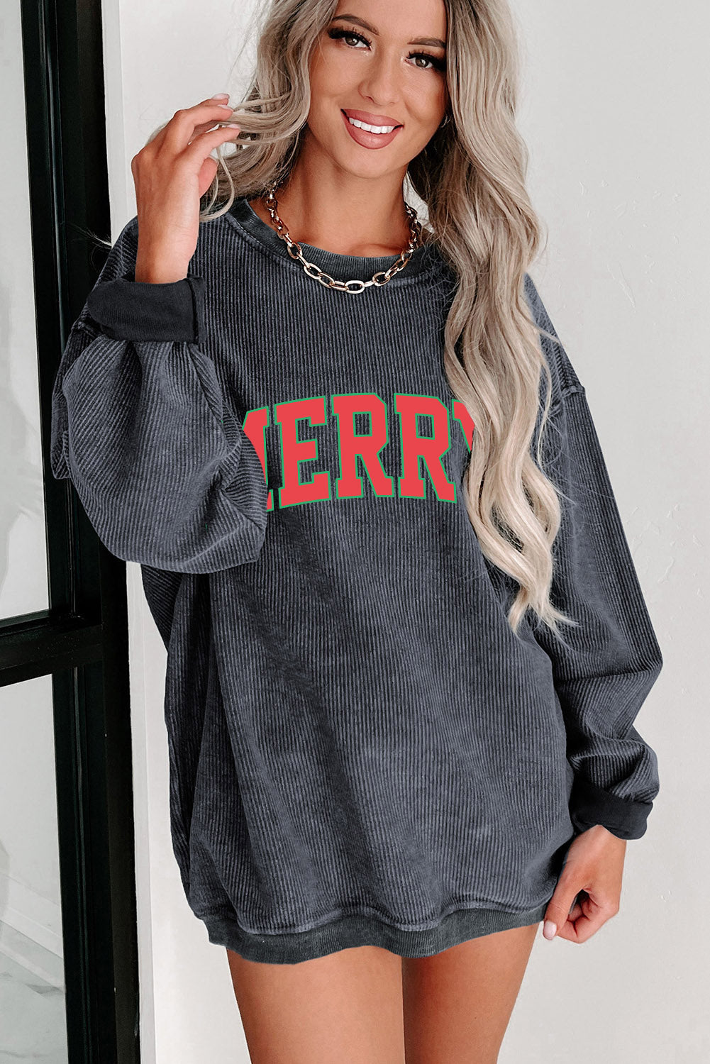 Black Plus Size Corded Round Neck Sweatshirt