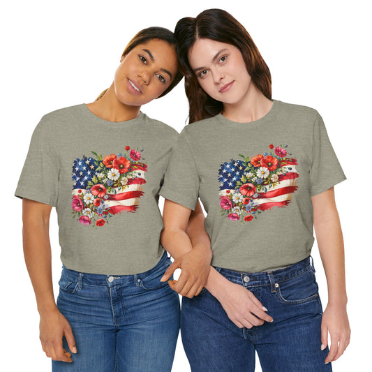 Floral American Flag Jersey Short Sleeve Tee