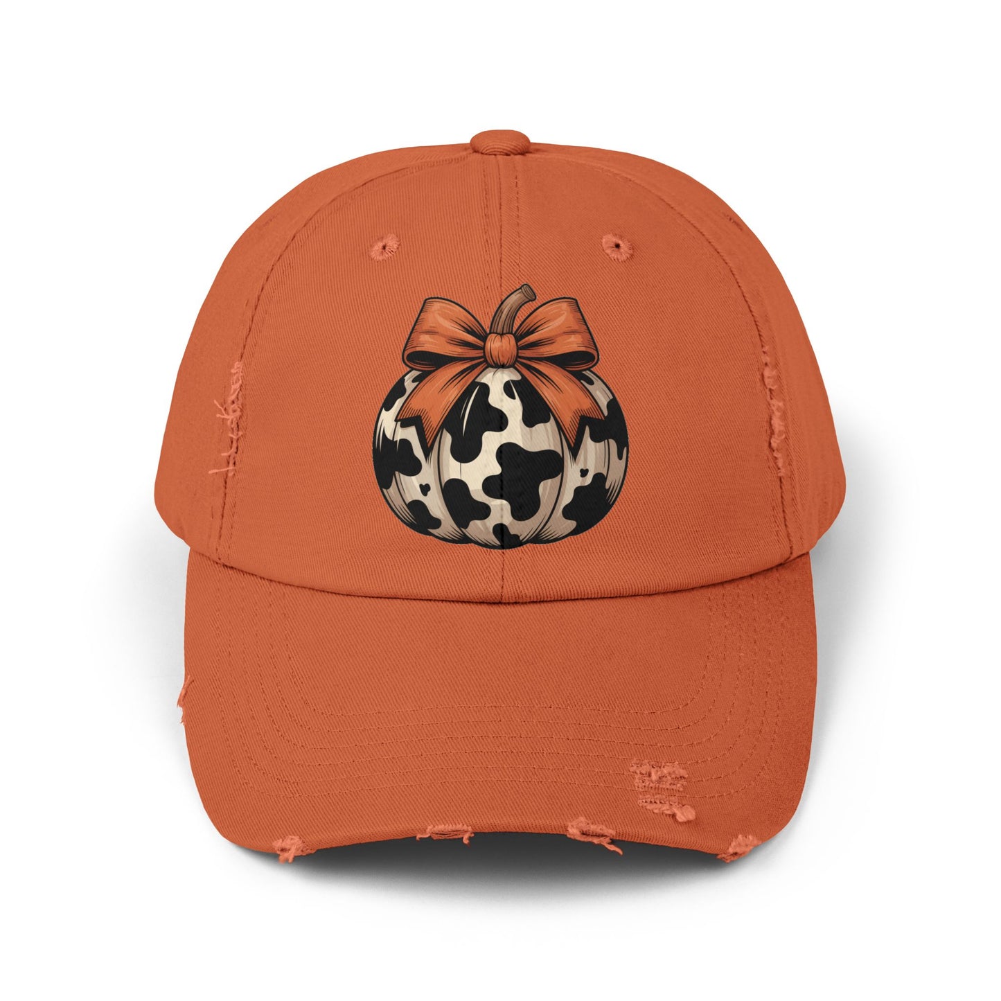 Fall Cow Print Pumpkin Distressed Cap