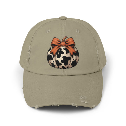Fall Cow Print Pumpkin Distressed Cap