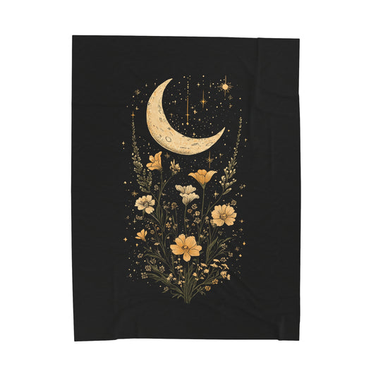 Celestial Moon and Flowers Velveteen Plush Blanket