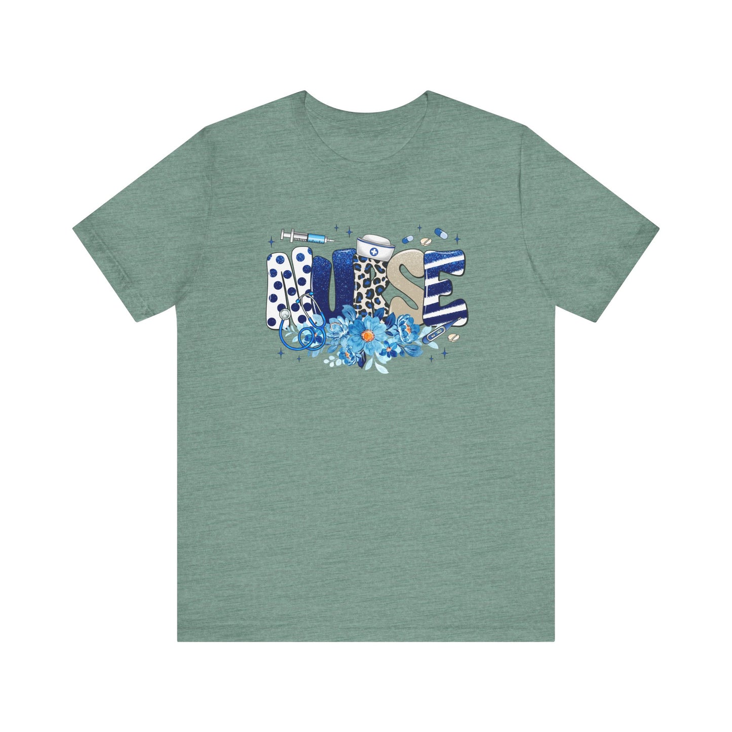 Blue Floral Nurse Jersey Short Sleeve Tee