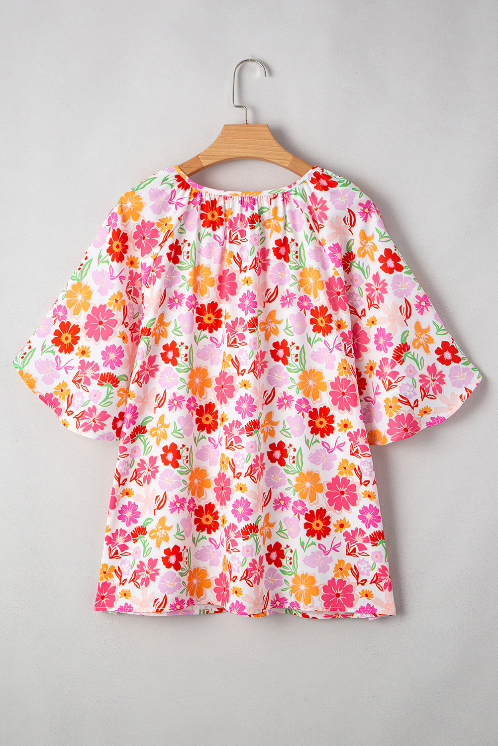White Floral Split V Neck Wide Short Sleeve Plus Size Blouse Top