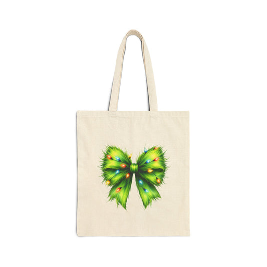 Green Furry Bow Cotton Canvas Tote Bag
