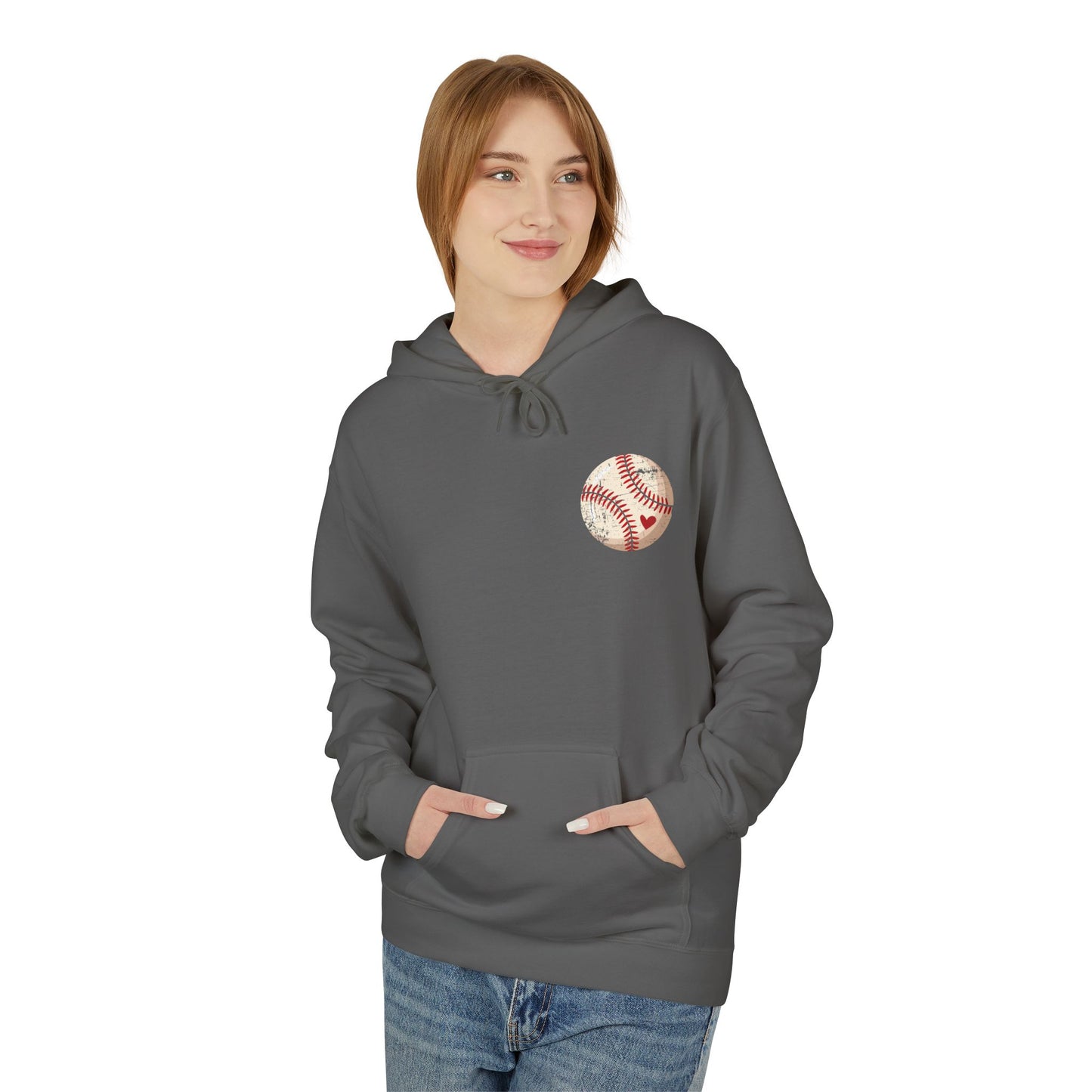 Distressed Baseball Heart Pocket Midweight Softstyle Fleece Hoodie
