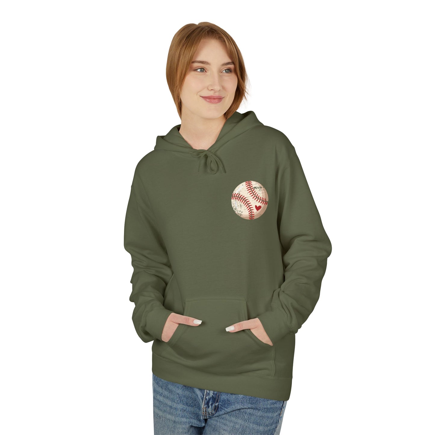 Distressed Baseball Heart Pocket Midweight Softstyle Fleece Hoodie
