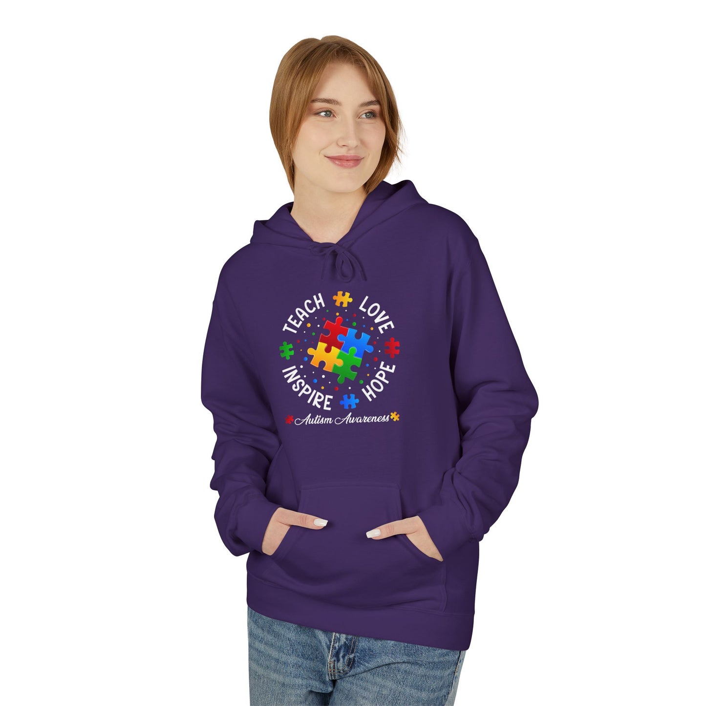 Teach Love Hope Inspire Autism Awareness Midweight Softstyle Fleece Hoodie