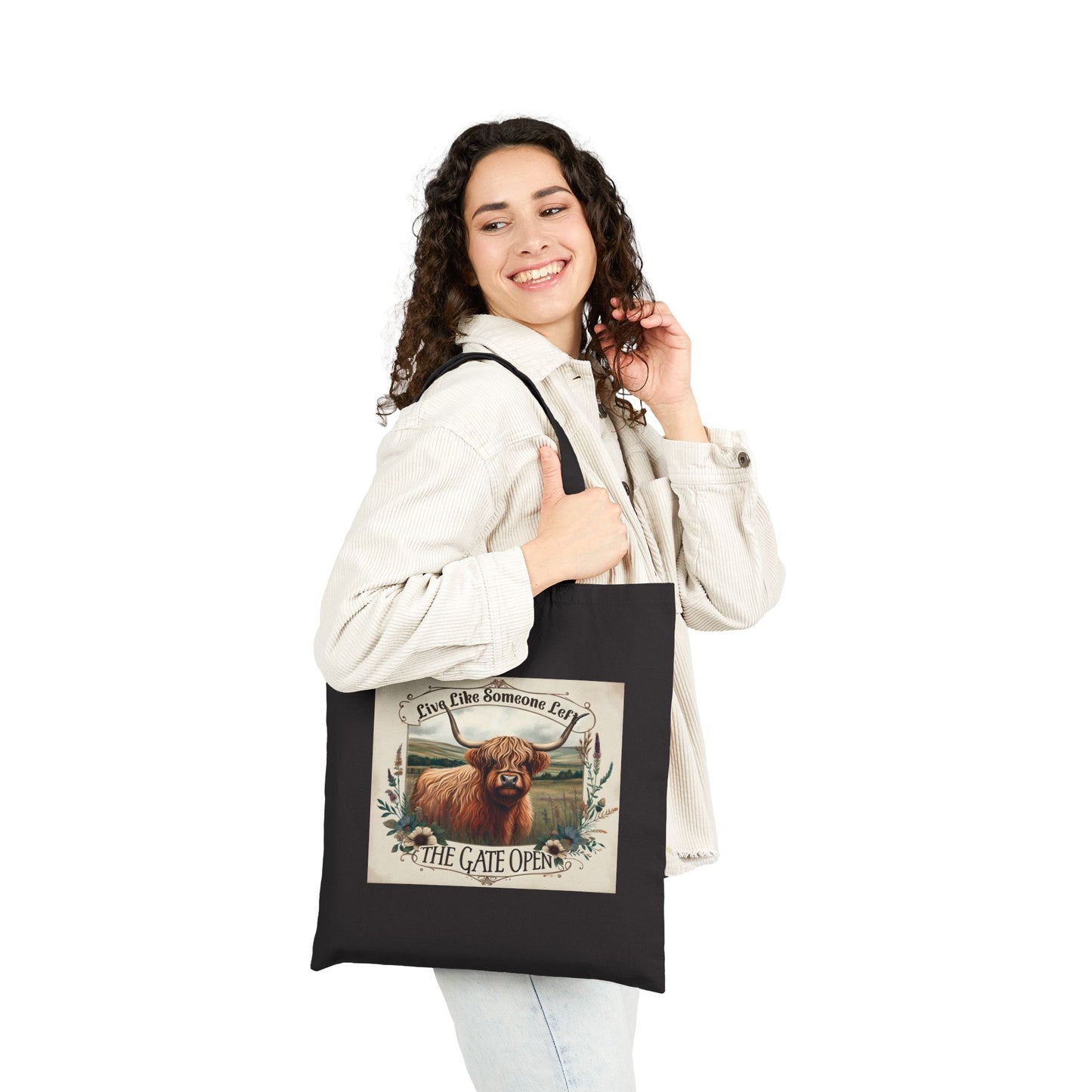 Highland Cow Gate Open Cotton Canvas Tote Bag