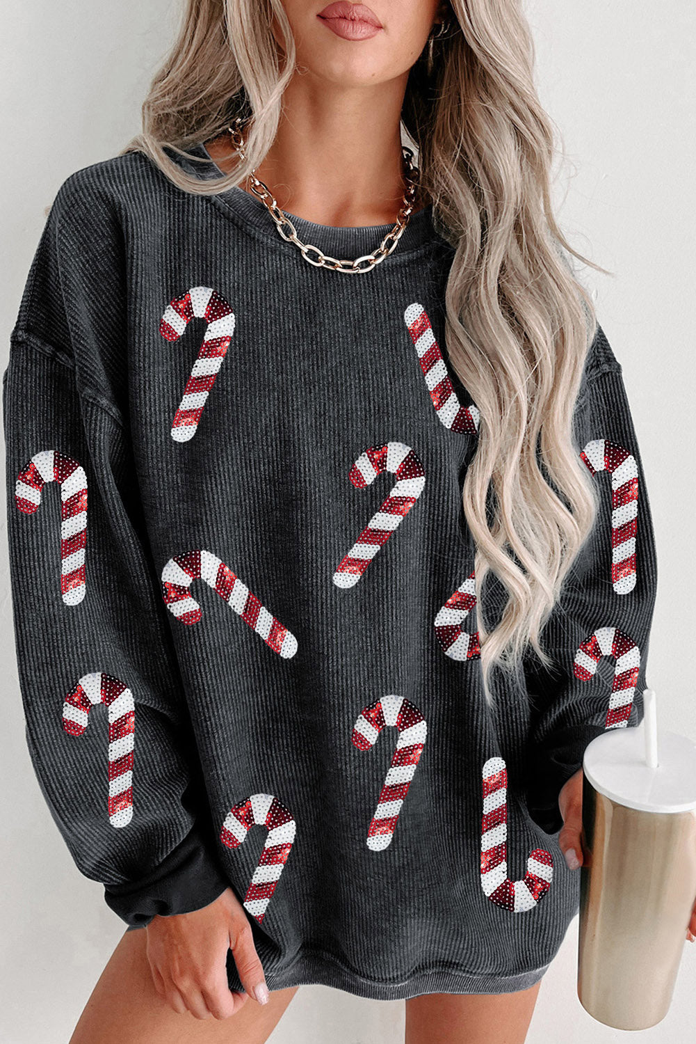 Black Plus Size Corded Round Neck Sweatshirt