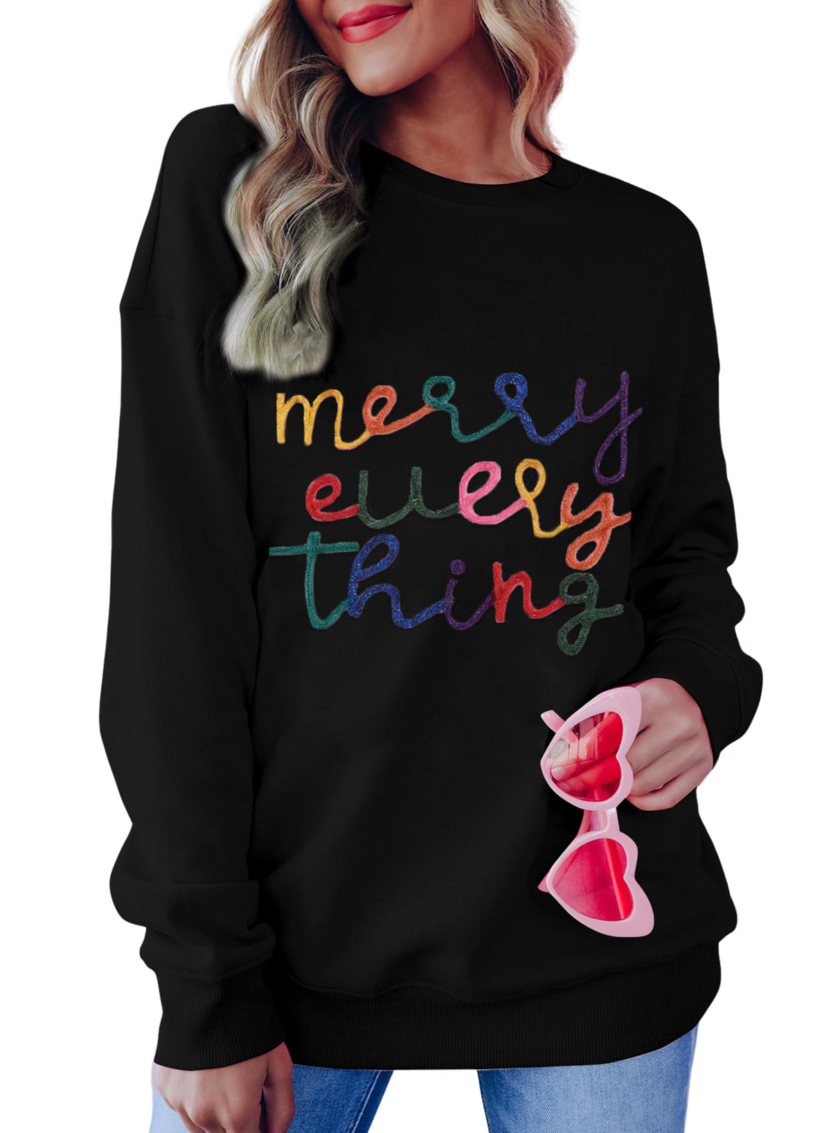 Black XOXO Glitter Print Round Neck Casual Sweater