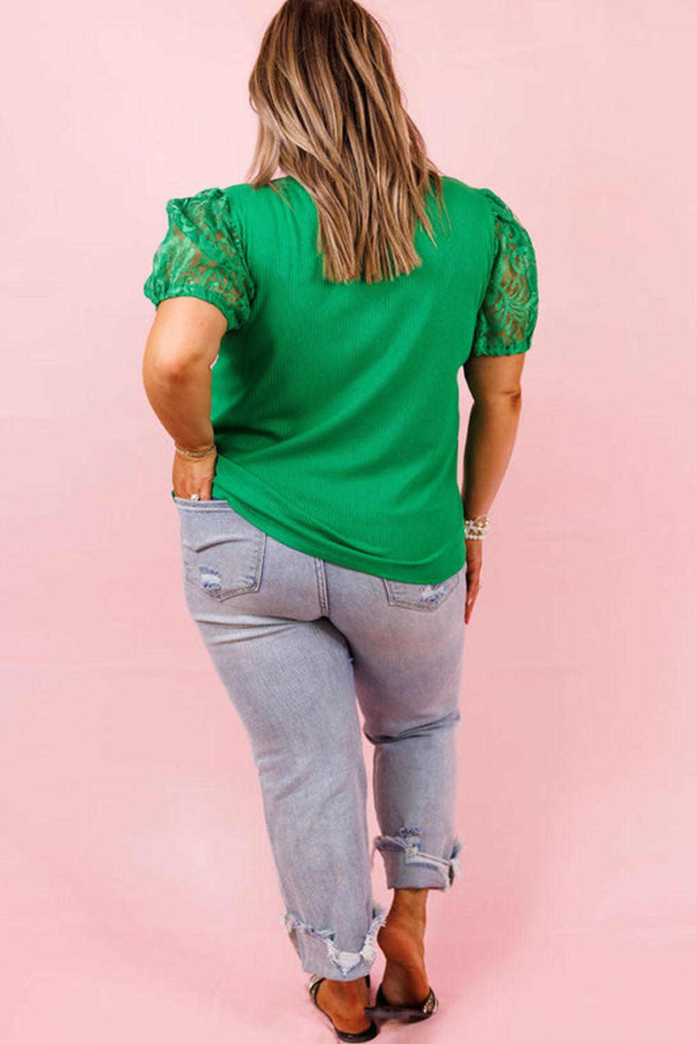 Ribbed Lace Patchwork Puff Sleeve Plus Size Blouse
