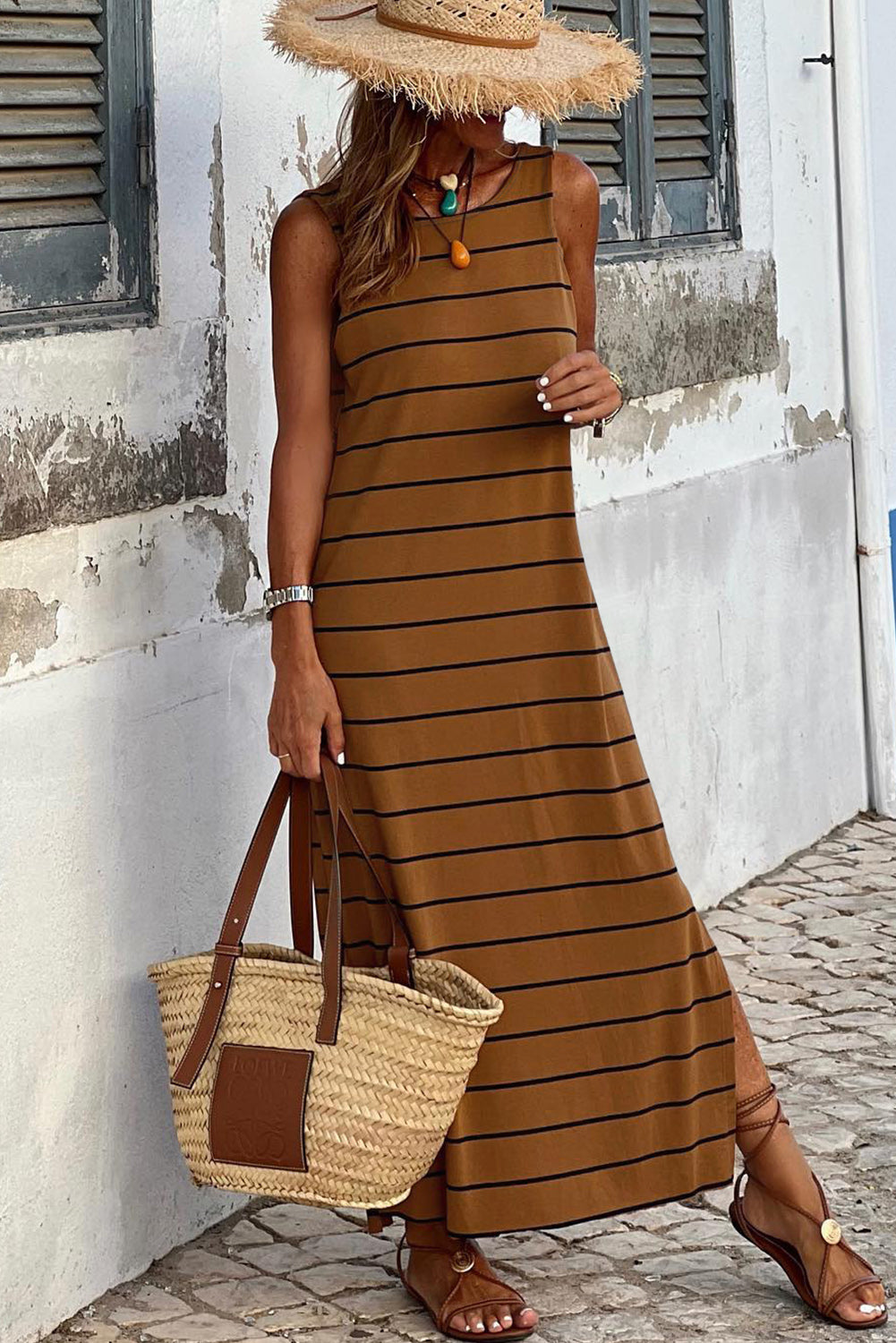 Black Striped Casual Slit Long Dress