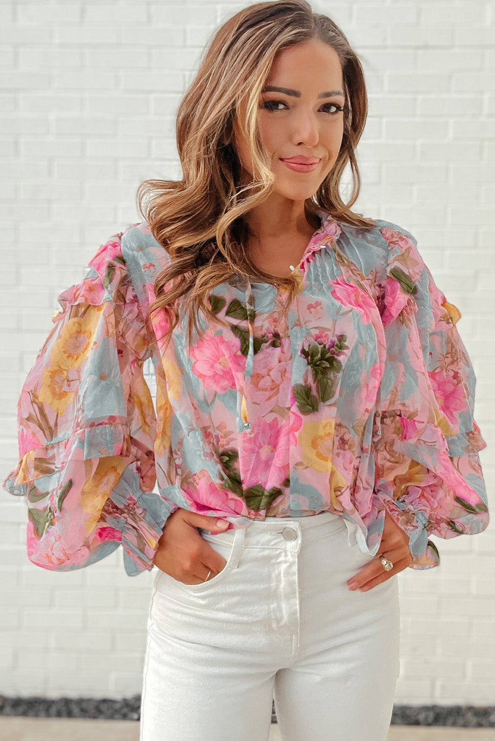 Floral Print Tassel Tie Short Sleeve Blouse