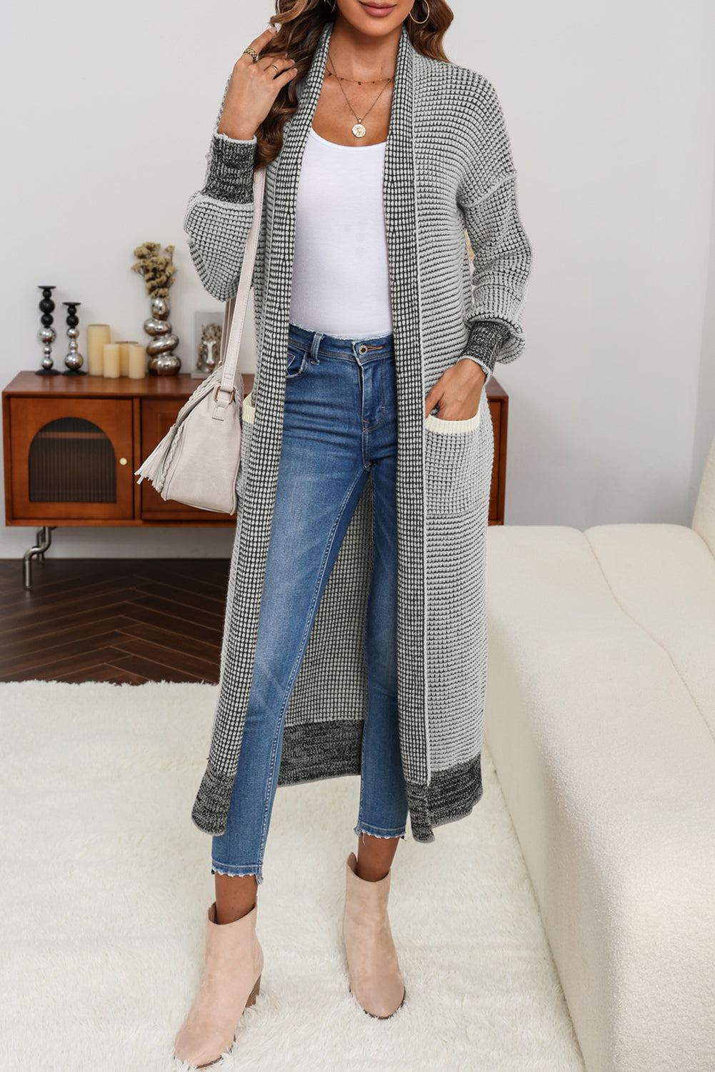 Apricot Chunky Waffle Knit Oversized Collar Cardigan