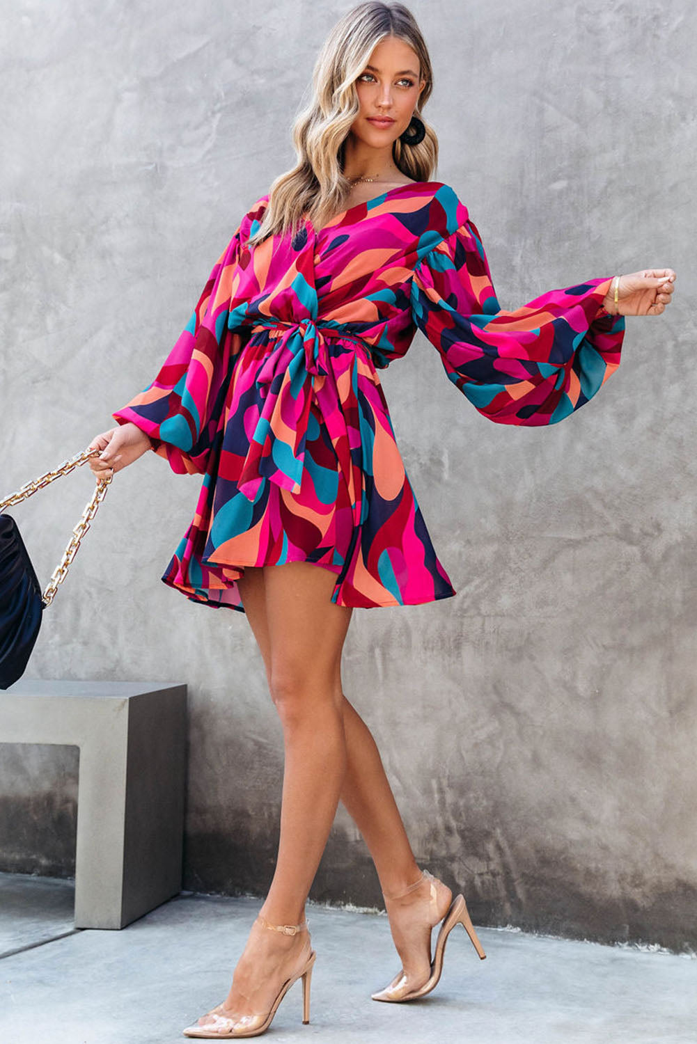 Multicolor Plus Size Abstract Print Oversized Sleeve Belted Dress