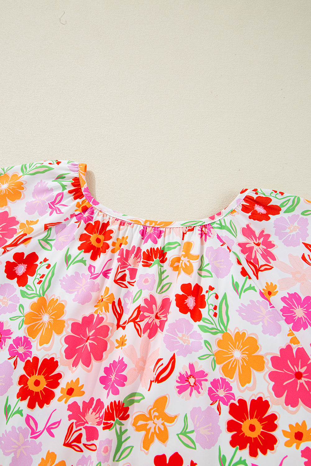 White Floral Split V Neck Wide Short Sleeve Plus Size Blouse Top