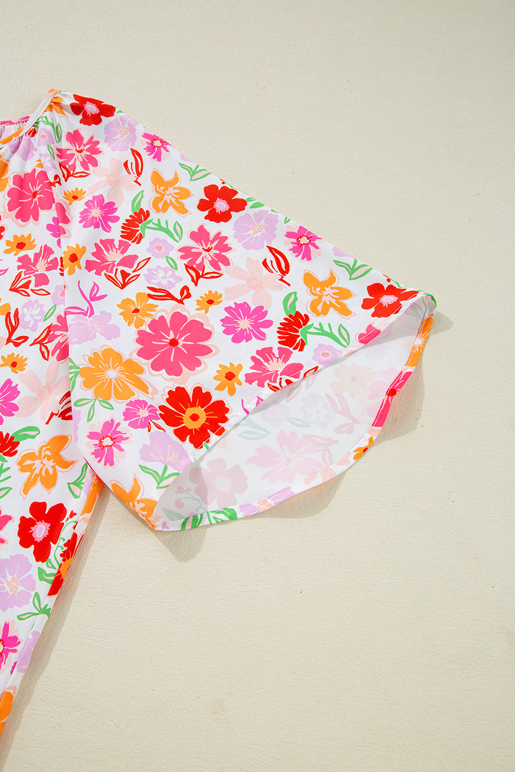 White Floral Split V Neck Wide Short Sleeve Plus Size Blouse Top