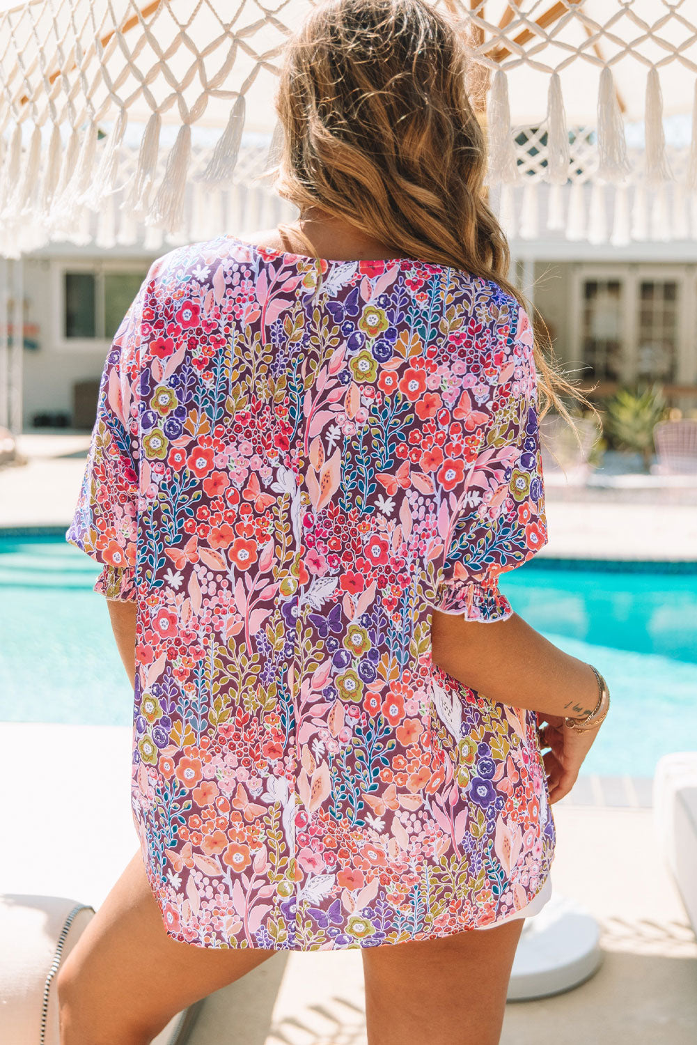 Purple Printed Boho Floral Frilled Neck Shirred Bracelet Sleeve Dress