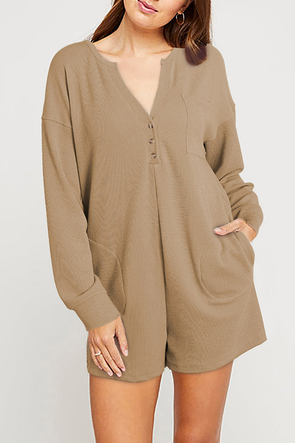 Black Brushed Ribbed Button Split V Neck Long Sleeve Romper