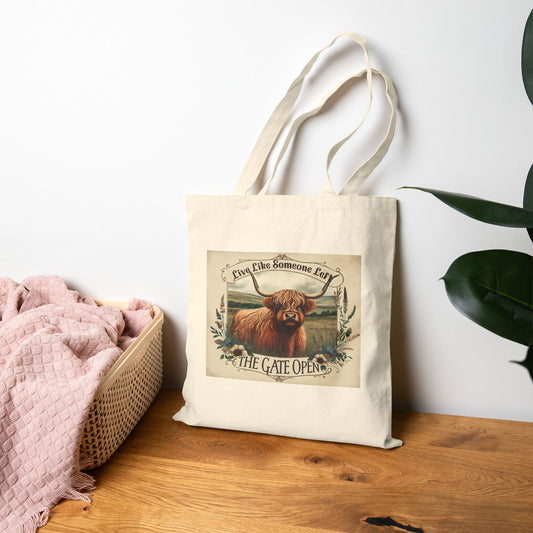 Highland Cow Gate Open Cotton Canvas Tote Bag