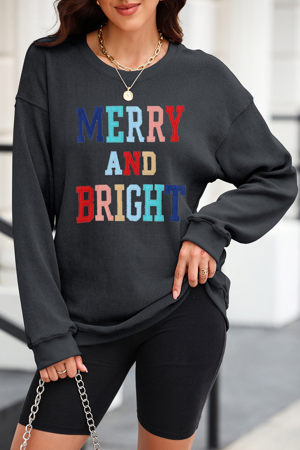 Black Plus Size Corded Round Neck Sweatshirt