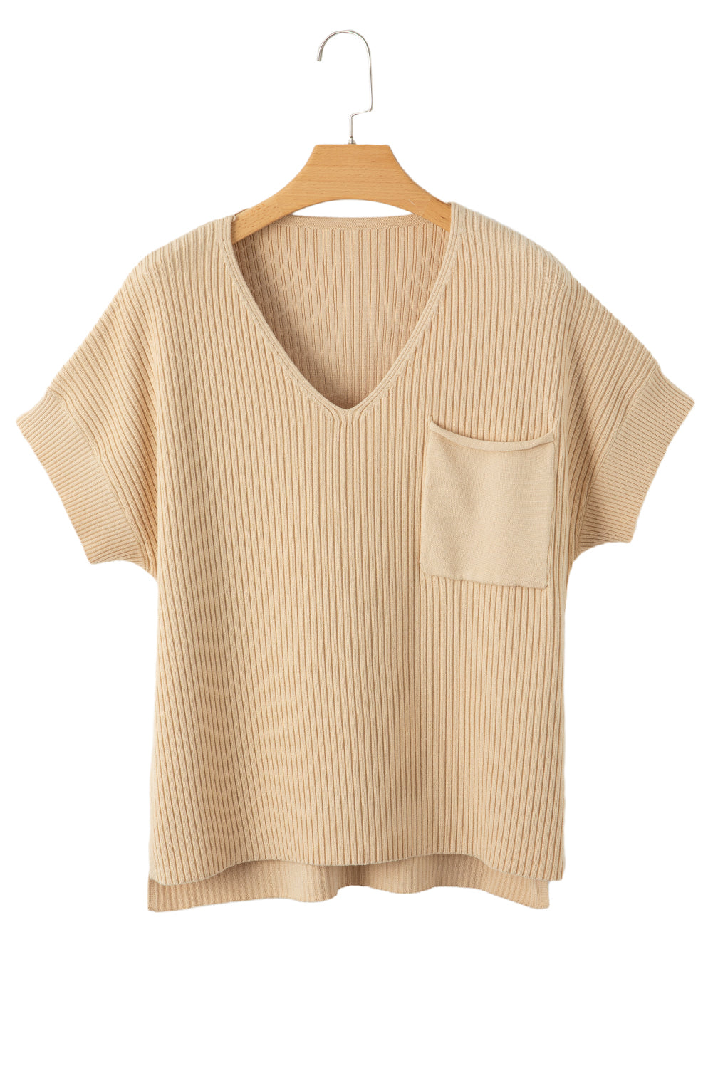 Oatmeal Patch Pocket Ribbed Knit Short Sleeve Sweater Dress