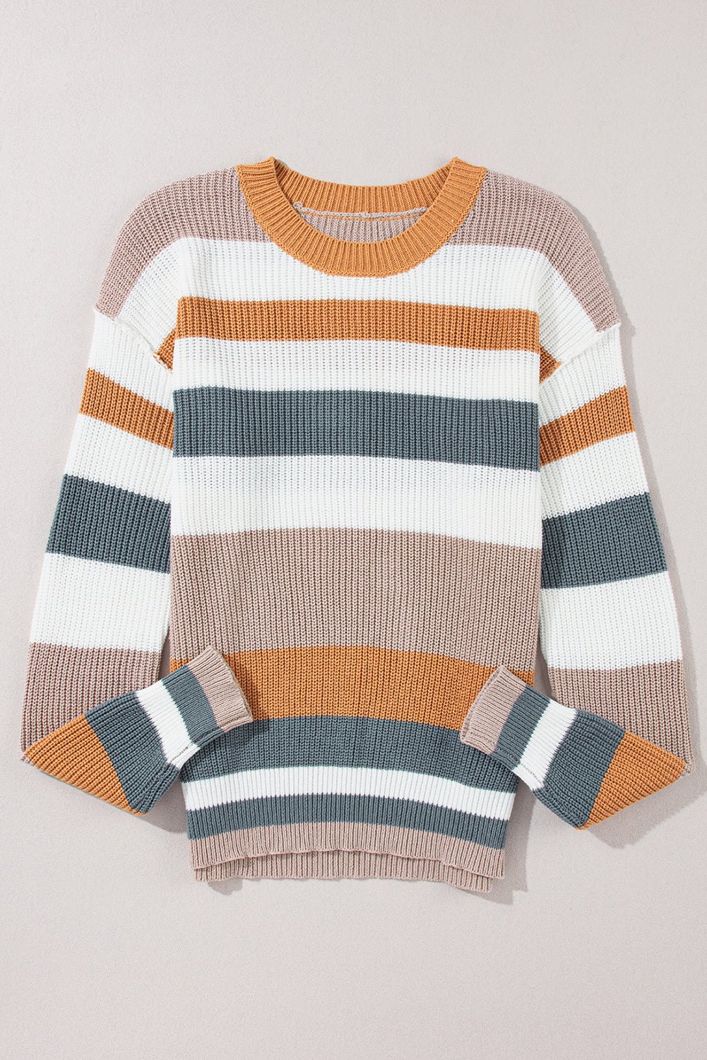Camel Striped Knit Crew Neck T Shirt Sweater
