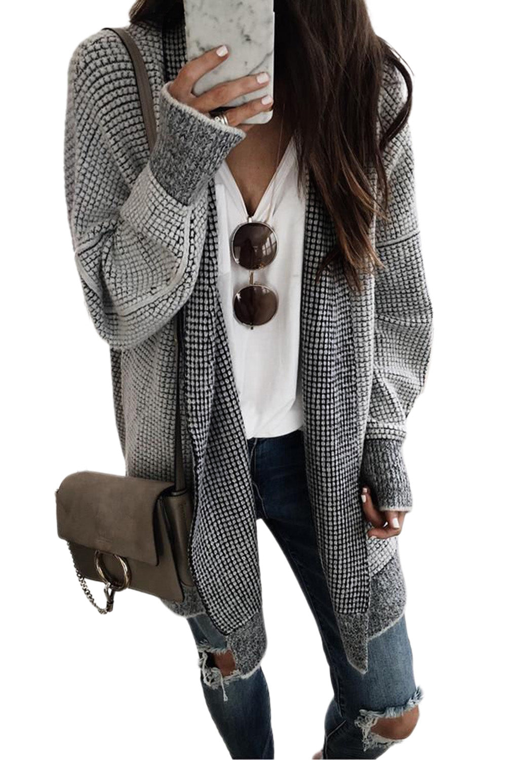 Black Plaid Knitted Long Open Front Cardigan