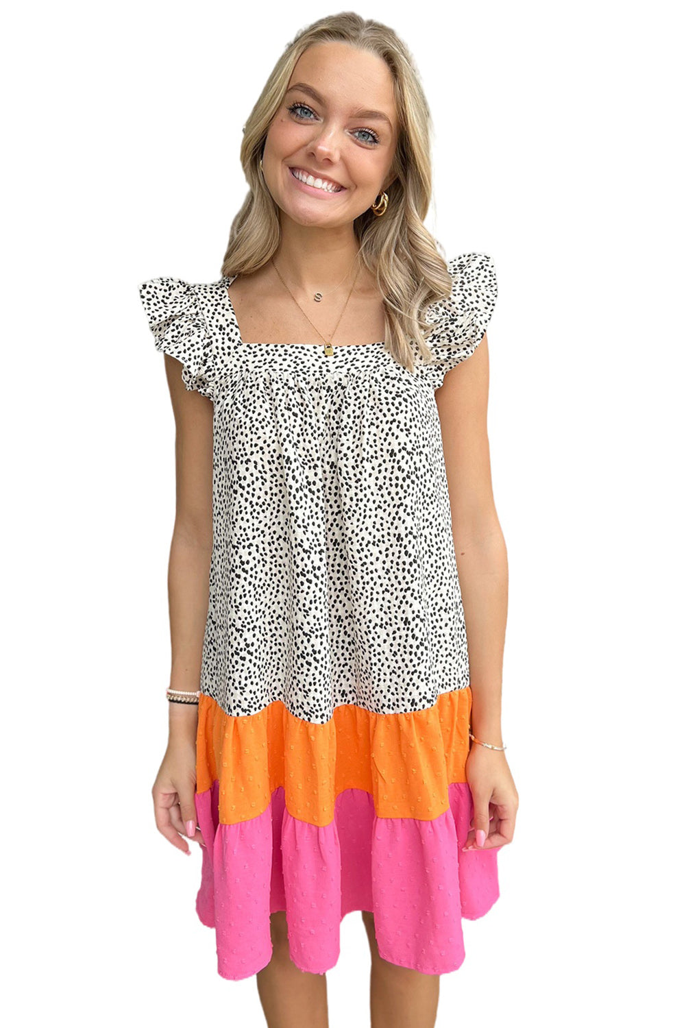 Colorblock Swiss Dot Flutter Sleeve Square Neck Mini Dress