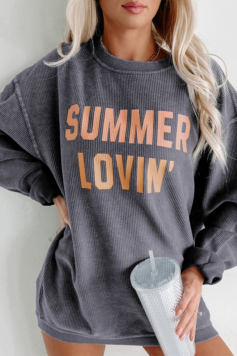 Black Plus Size Corded Round Neck Sweatshirt