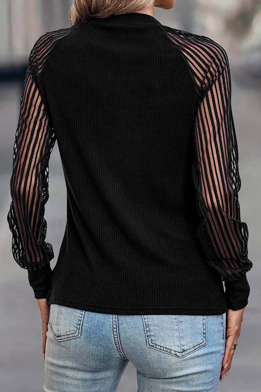 Gray Striped Mesh Long Sleeve Crewneck Ribbed Top
