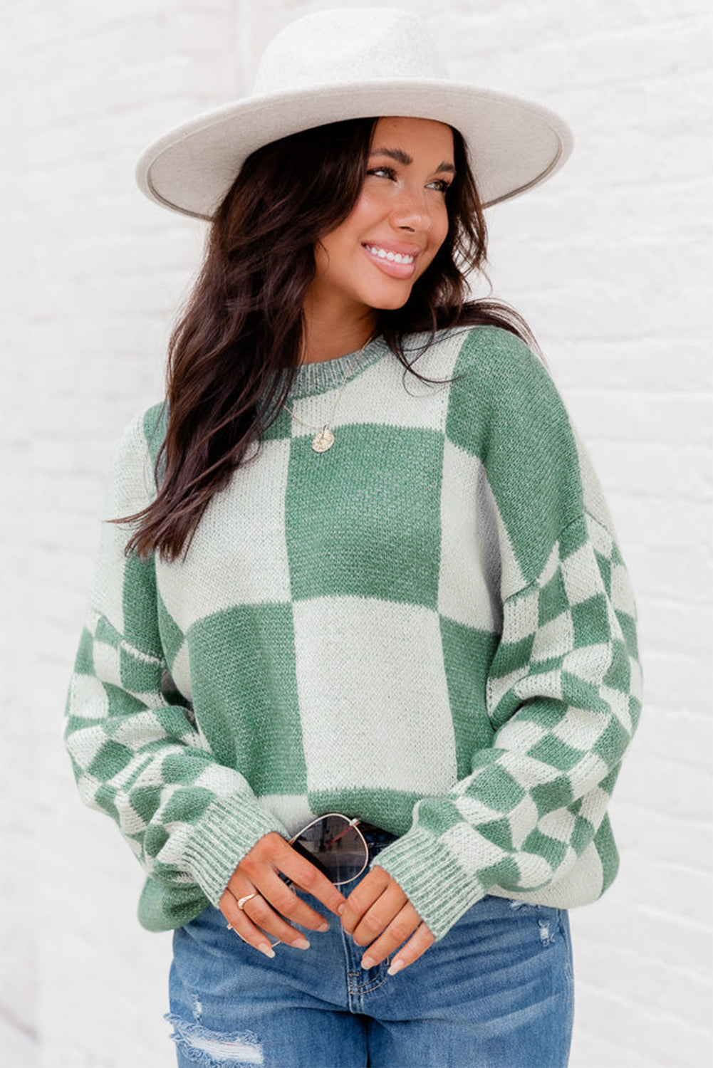 Medium Grey Checkered Print Drop Shoulder Sweater