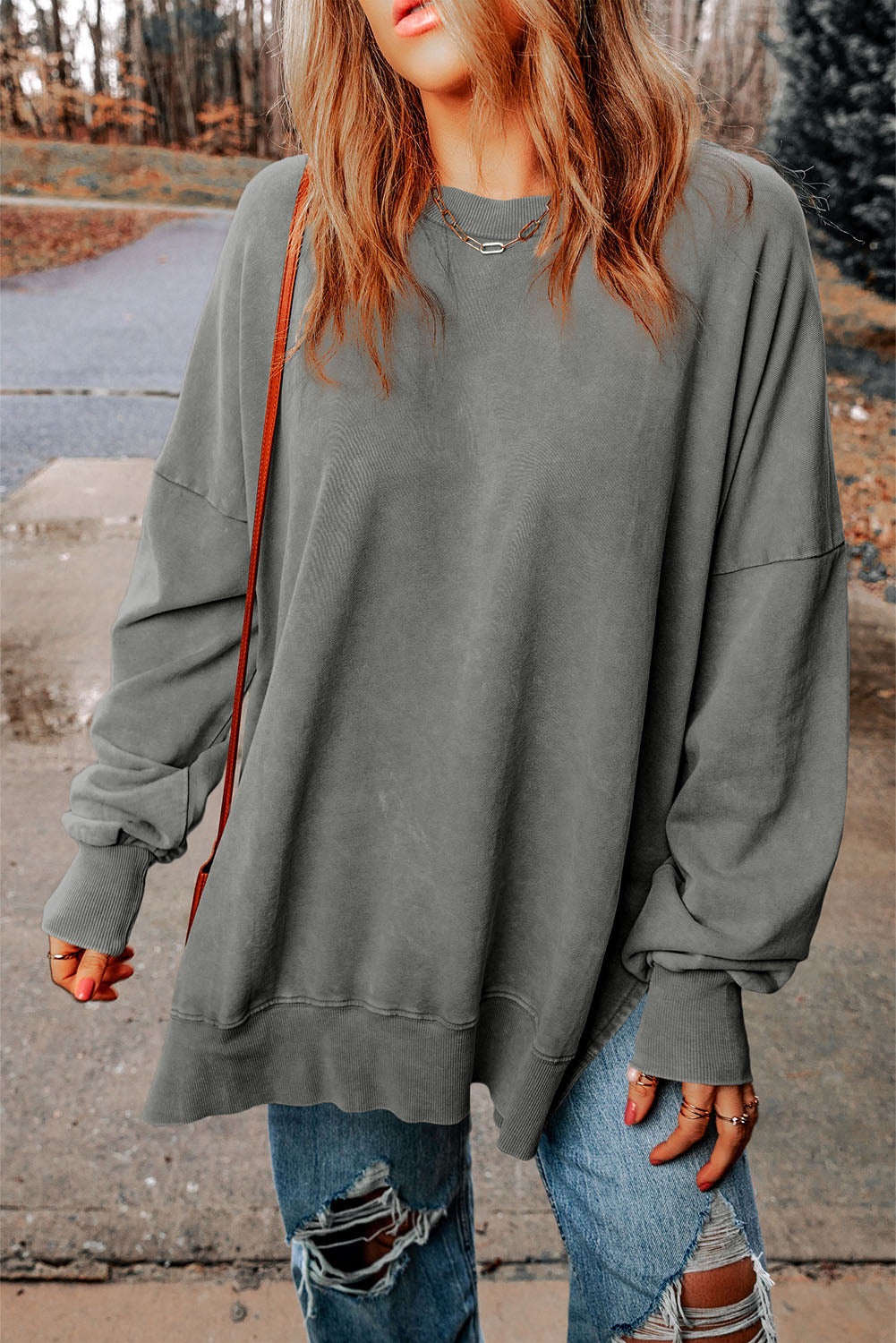 Leopard Print Drop Shoulder Slit Oversized Sweatshirt