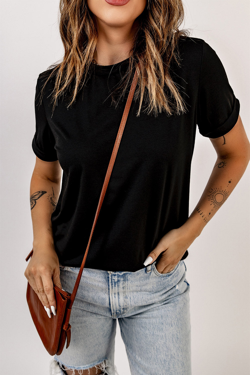 White Round Neck Rolled Sleeve Plus Size T-shirt
