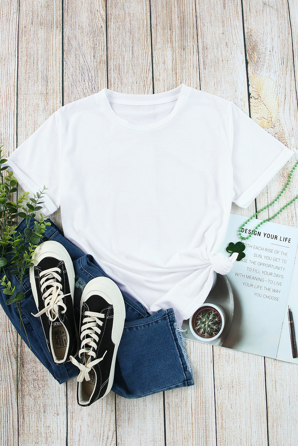 White Round Neck Rolled Sleeve Plus Size T-shirt
