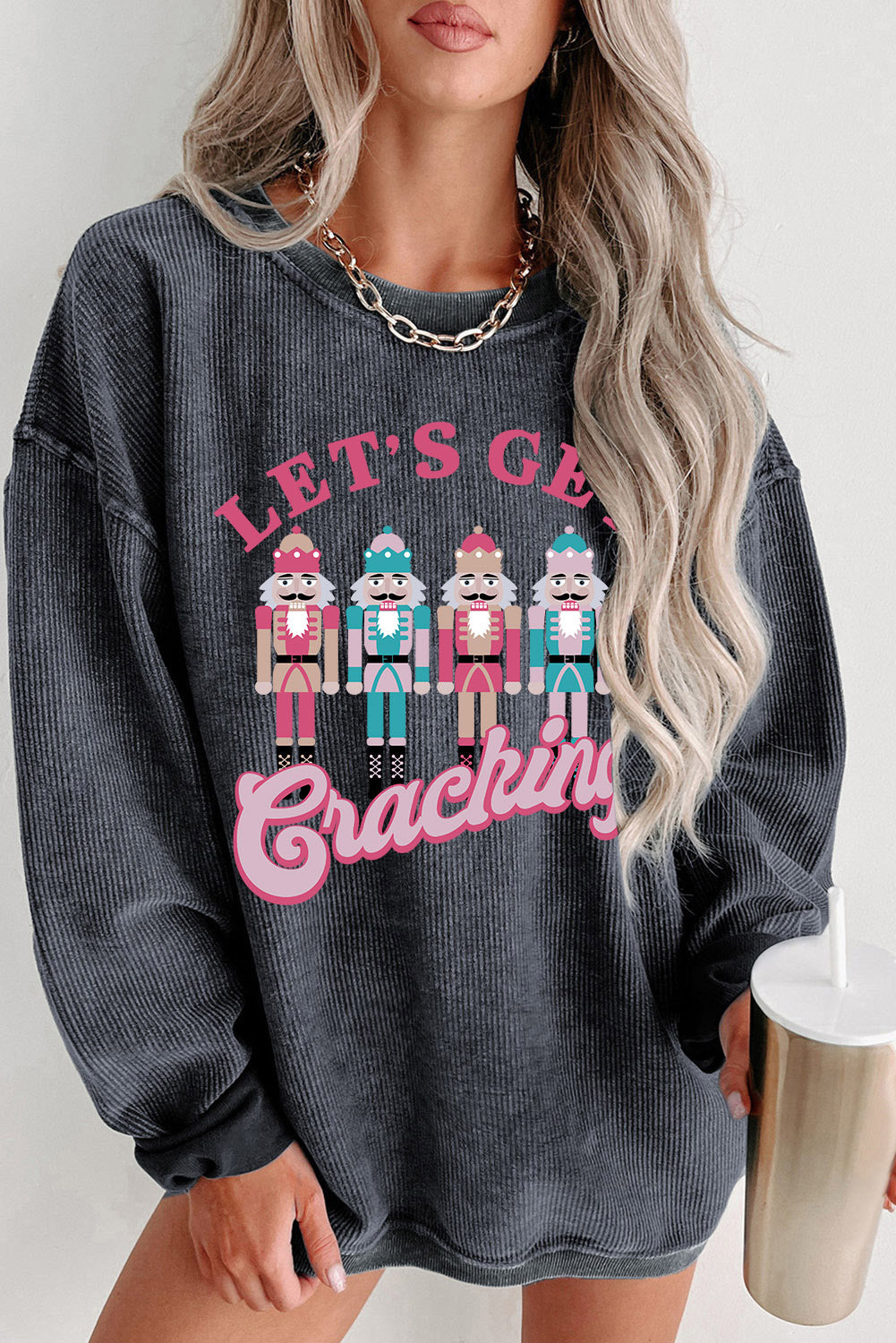 Black Plus Size Corded Round Neck Sweatshirt