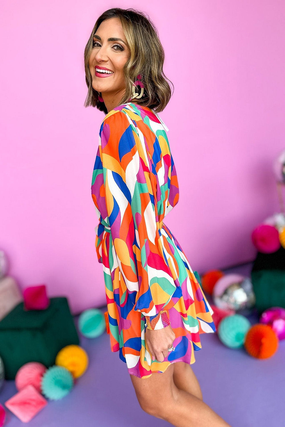 Multicolor Plus Size Abstract Print Oversized Sleeve Belted Dress