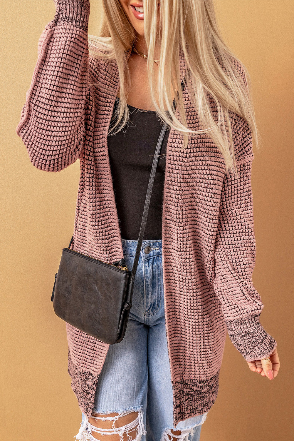 Apricot Chunky Waffle Knit Oversized Collar Cardigan