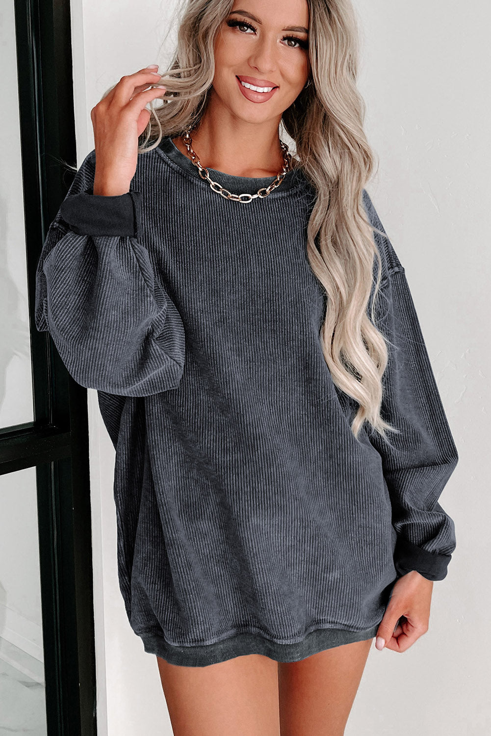 Black Plus Size Corded Round Neck Sweatshirt