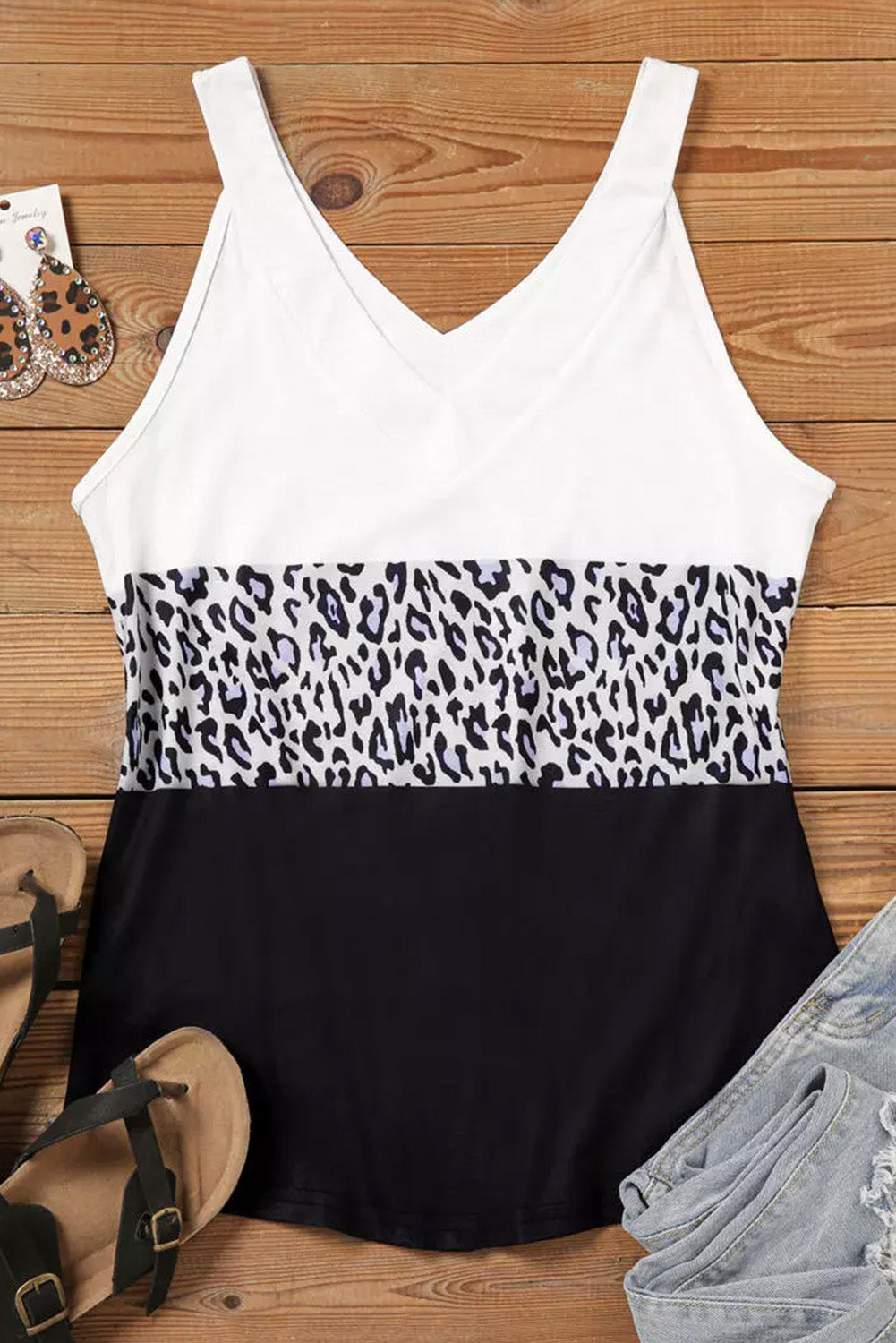 Leopard Print Contrast V-Neck Tank Top